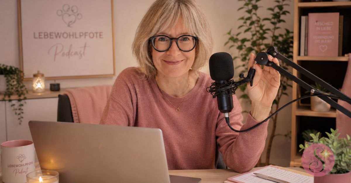 Sonja hinter dem Mikrofon zur Aufnahme des Lebewohlpfote-Podcast