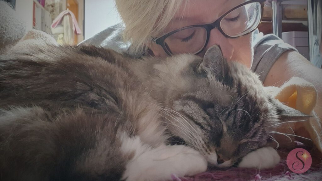 Frau liegt bei ihrer alten Katze